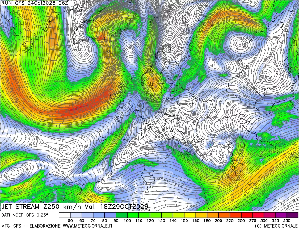 mappa 250 hPa Jet stream
