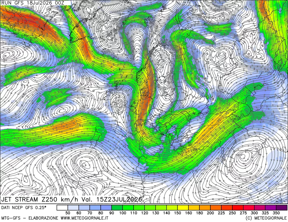 mappa 250 hPa Jet stream