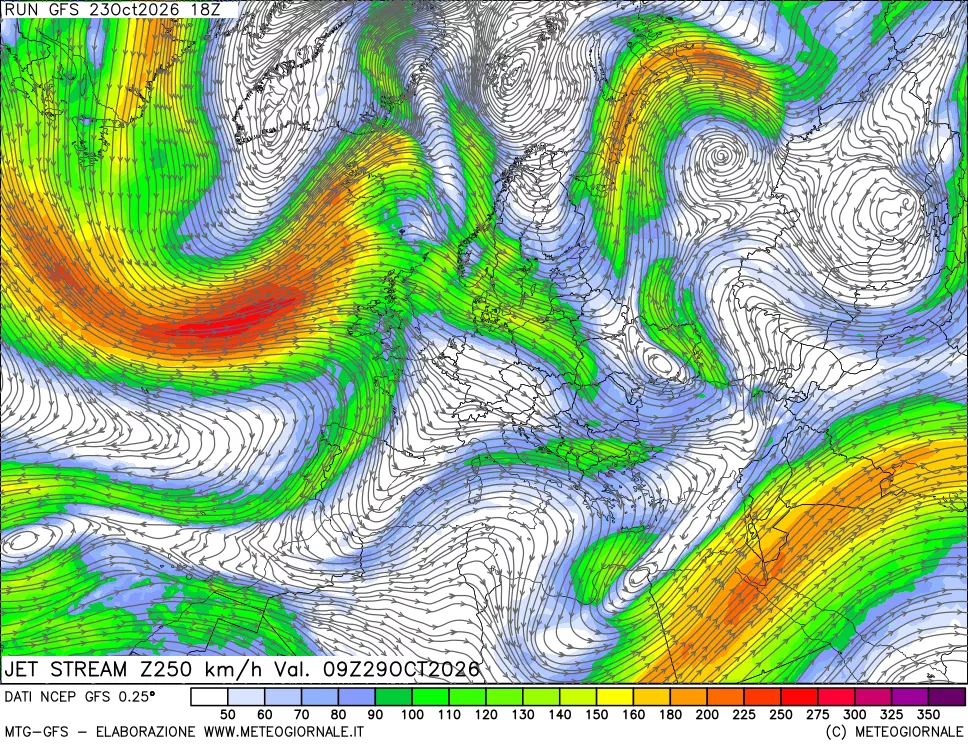 mappa 250 hPa Jet stream