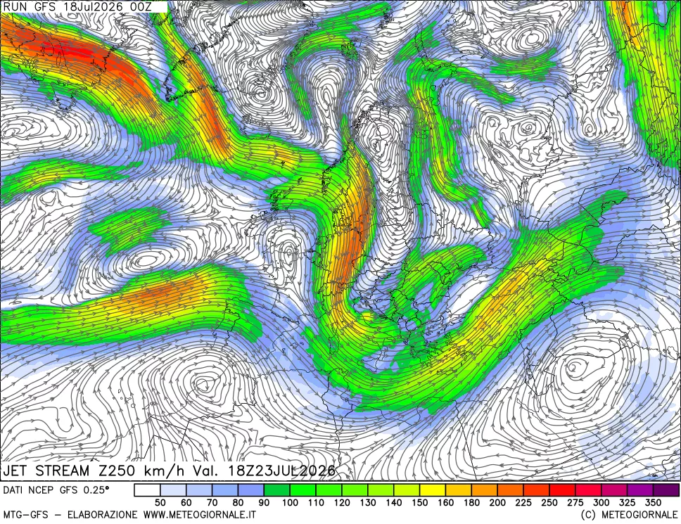 mappa 250 hPa Jet stream