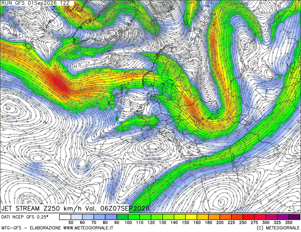 mappa 250 hPa Jet stream