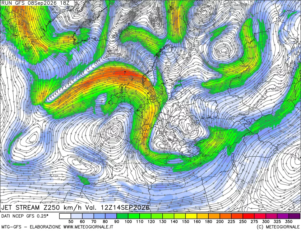 mappa 250 hPa Jet stream