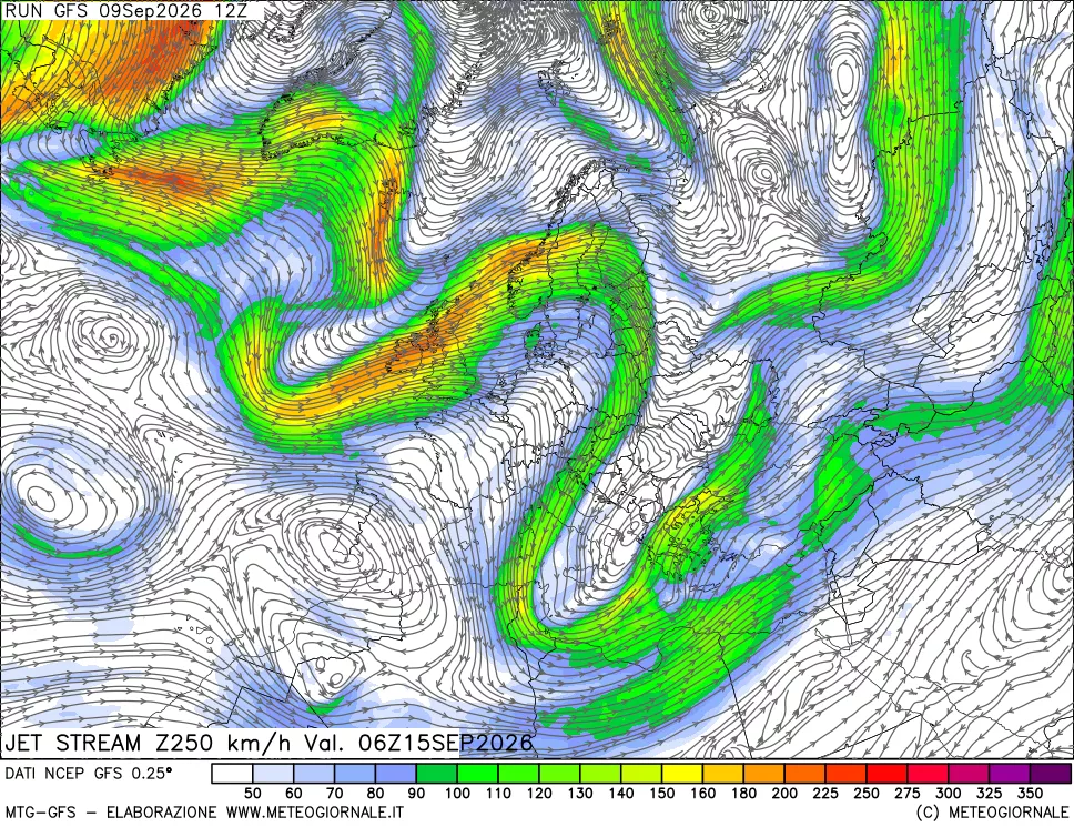 mappa 250 hPa Jet stream