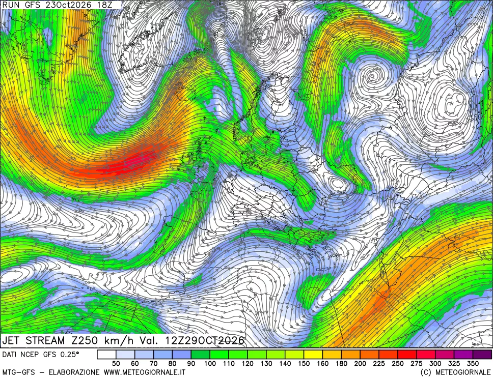 mappa 250 hPa Jet stream
