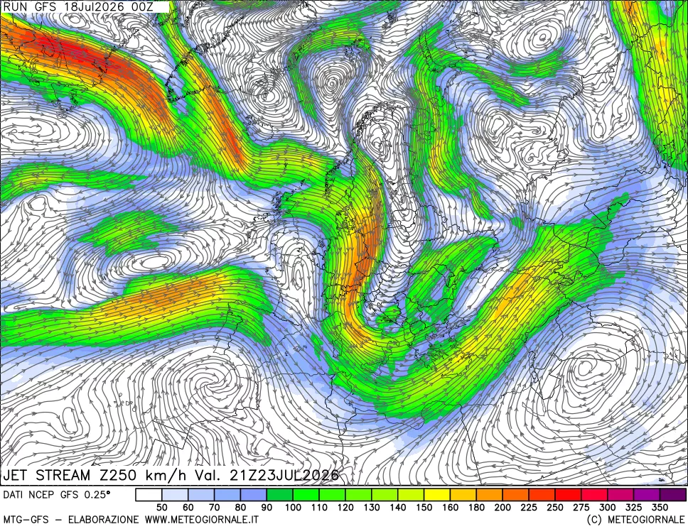 mappa 250 hPa Jet stream