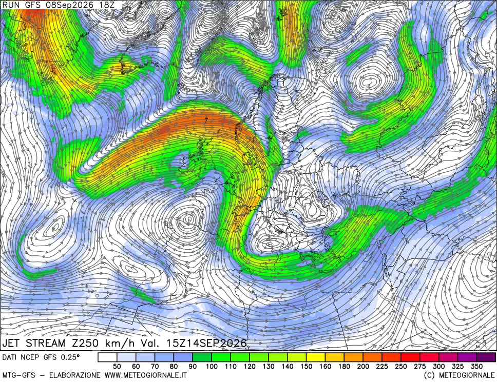 mappa 250 hPa Jet stream