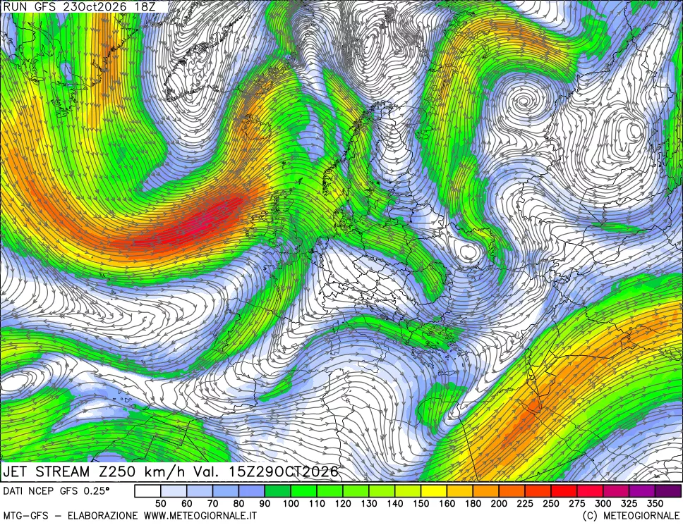 mappa 250 hPa Jet stream