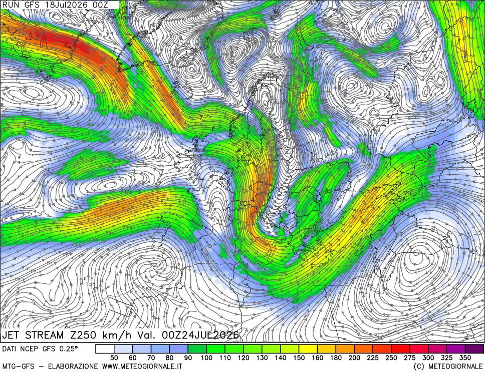 mappa 250 hPa Jet stream