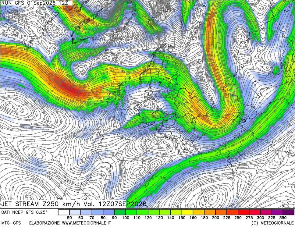 mappa 250 hPa Jet stream