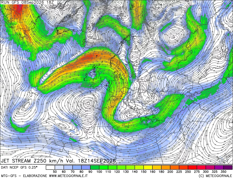 mappa 250 hPa Jet stream