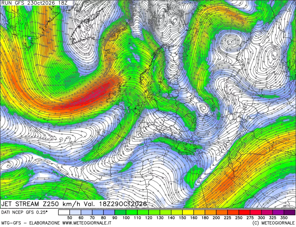 mappa 250 hPa Jet stream