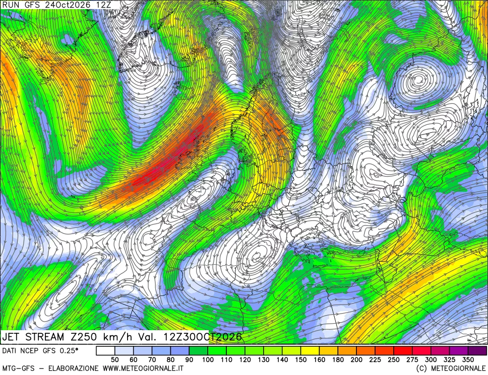 mappa 250 hPa Jet stream