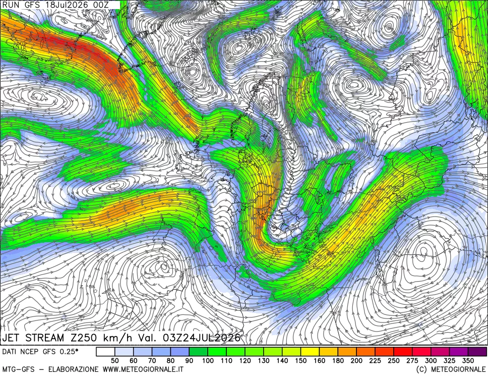 mappa 250 hPa Jet stream