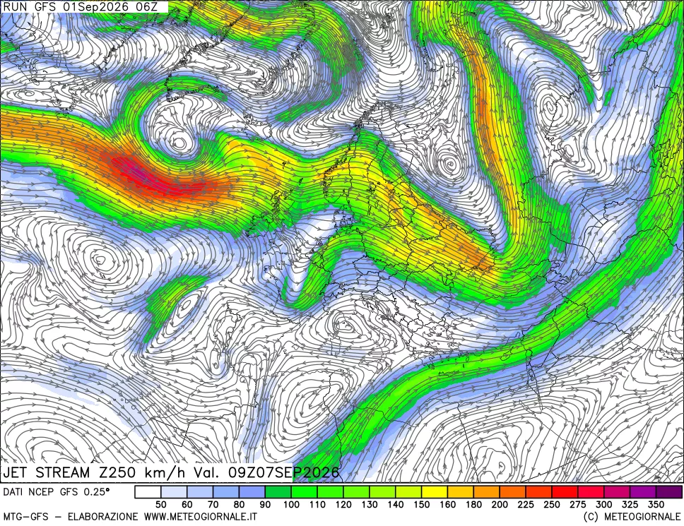 mappa 250 hPa Jet stream