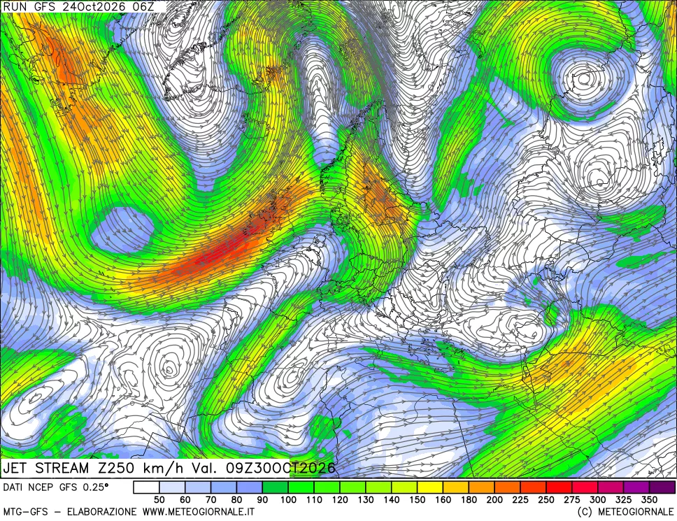 mappa 250 hPa Jet stream