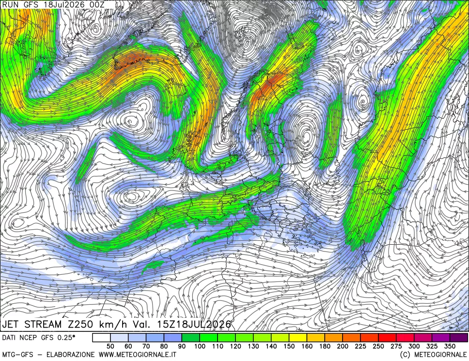 mappa 250 hPa Jet stream