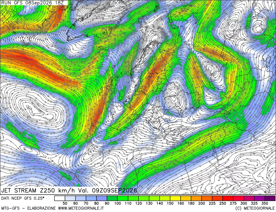mappa 250 hPa Jet stream
