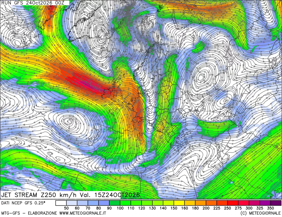 mappa 250 hPa Jet stream