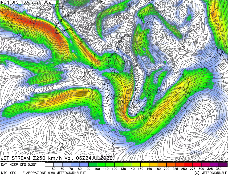 mappa 250 hPa Jet stream