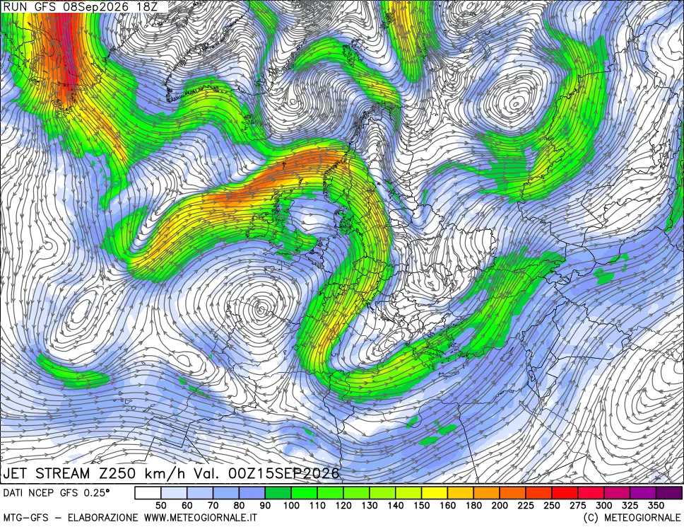 mappa 250 hPa Jet stream