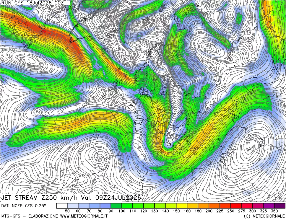 mappa 250 hPa Jet stream