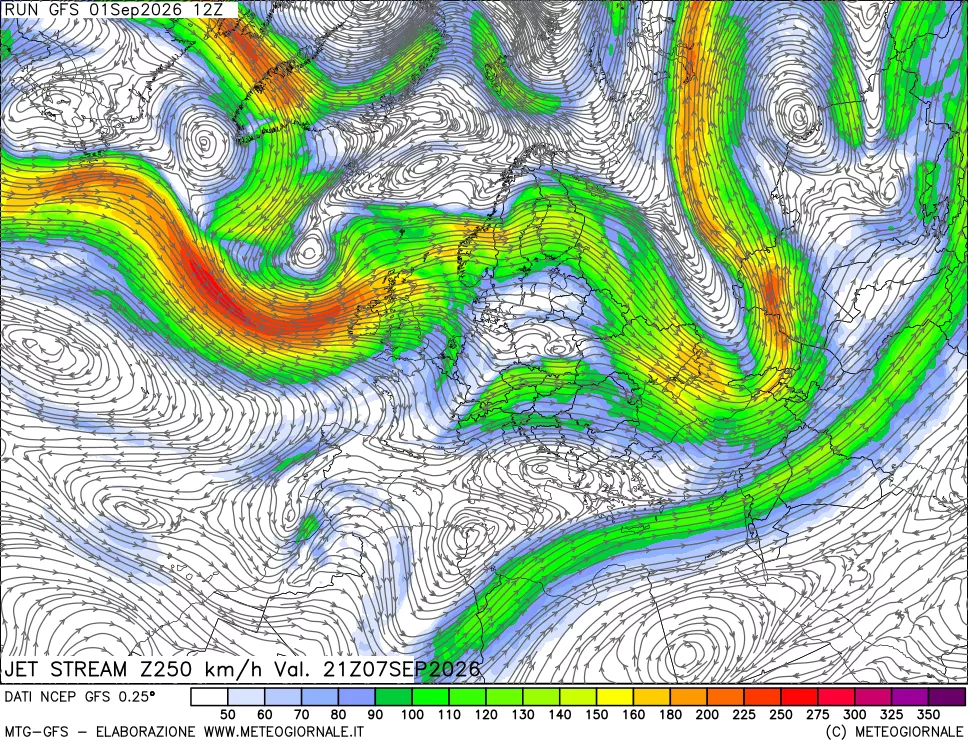 mappa 250 hPa Jet stream