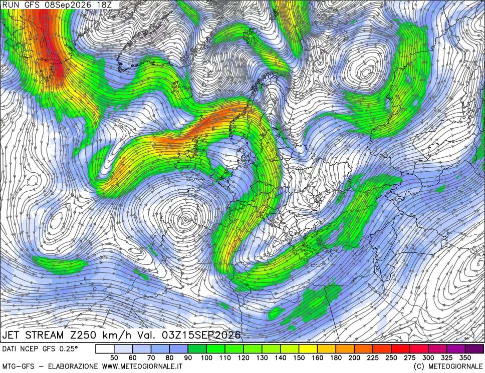 mappa 250 hPa Jet stream
