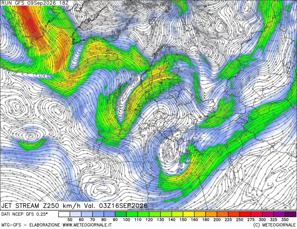 mappa 250 hPa Jet stream