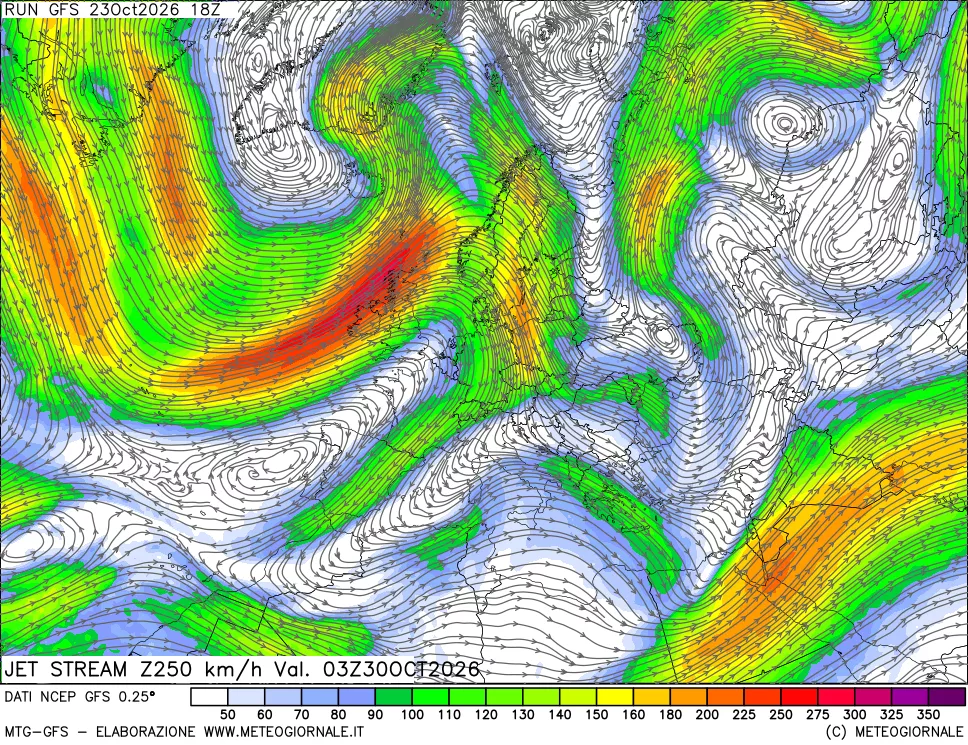 mappa 250 hPa Jet stream