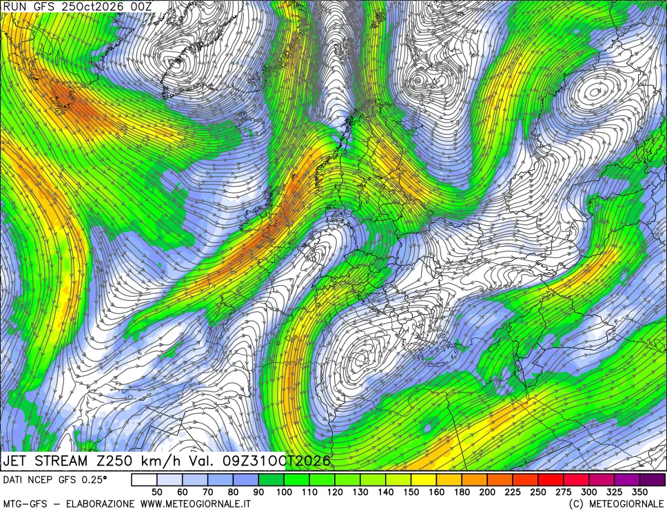 mappa 250 hPa Jet stream