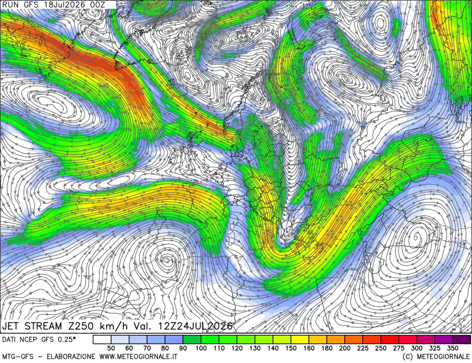 mappa 250 hPa Jet stream