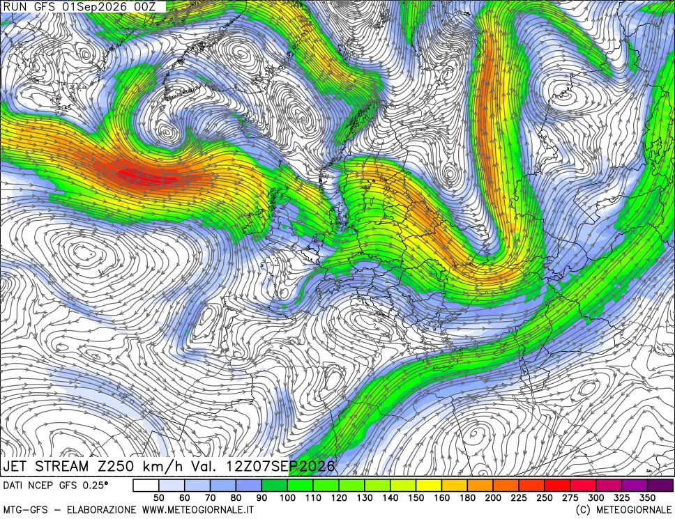 mappa 250 hPa Jet stream