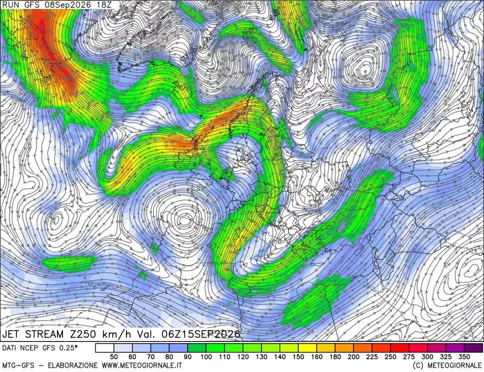 mappa 250 hPa Jet stream