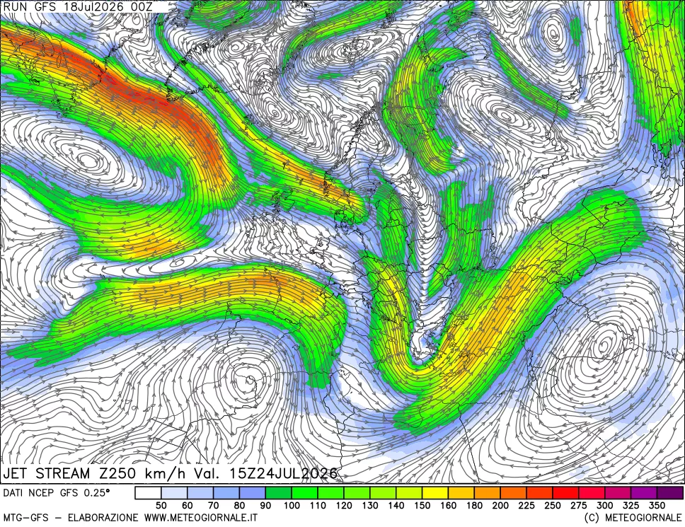 mappa 250 hPa Jet stream