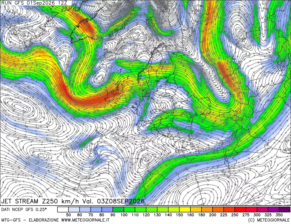 mappa 250 hPa Jet stream