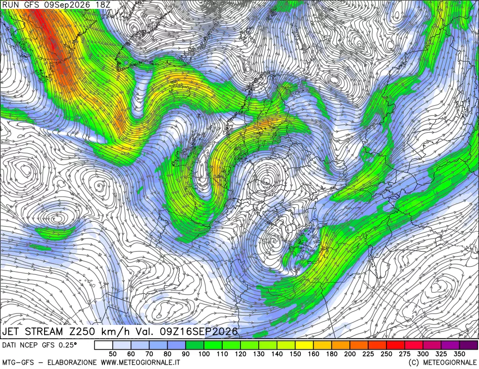 mappa 250 hPa Jet stream