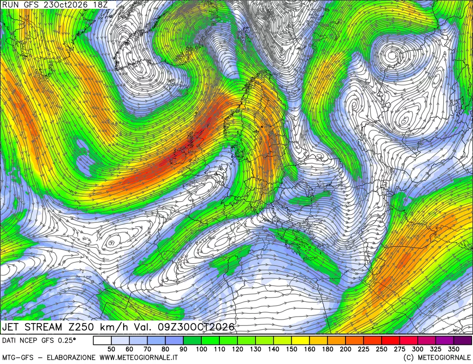 mappa 250 hPa Jet stream