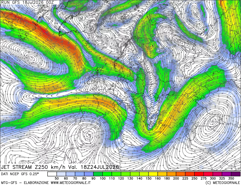 mappa 250 hPa Jet stream