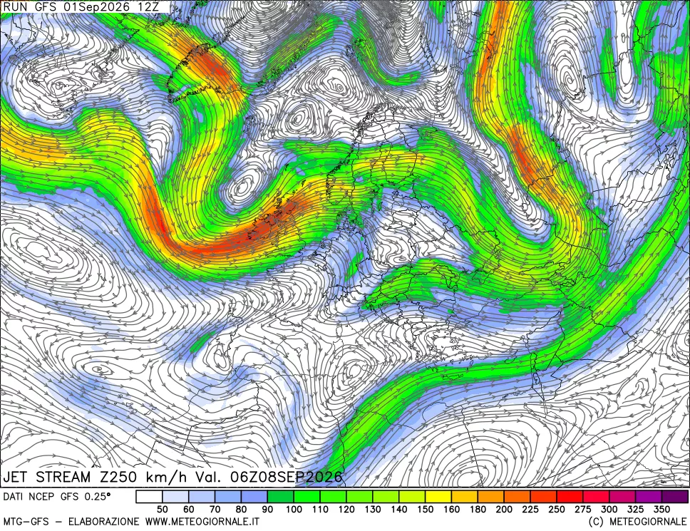 mappa 250 hPa Jet stream