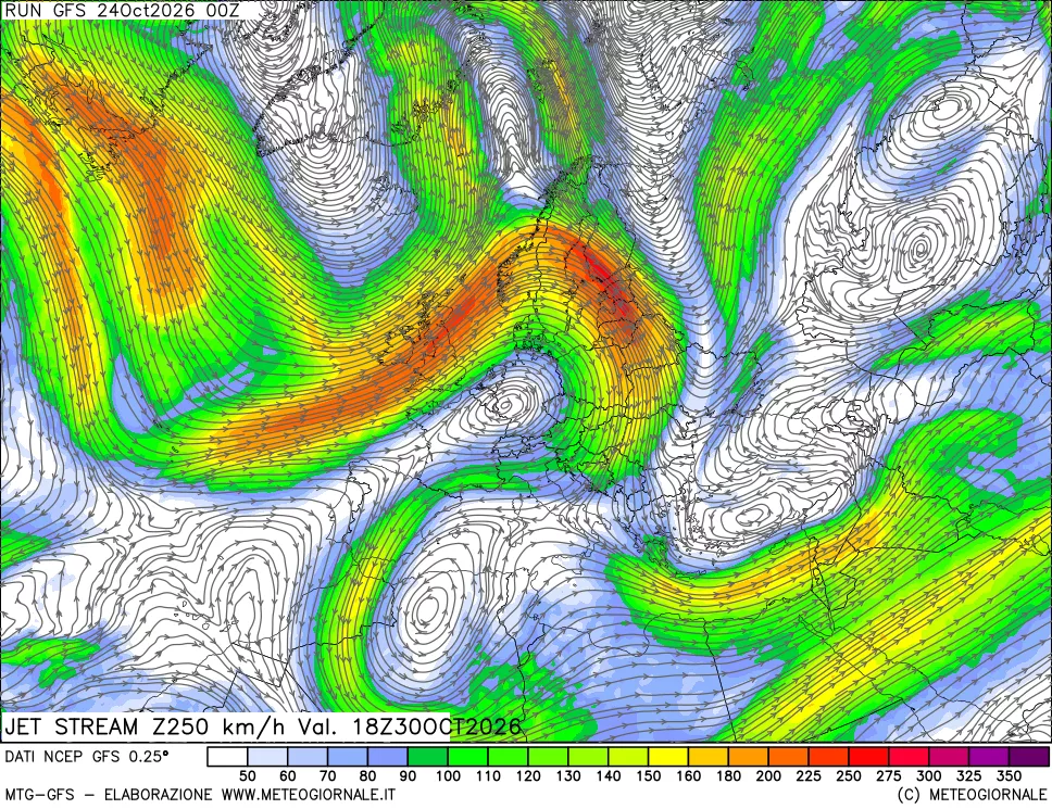 mappa 250 hPa Jet stream