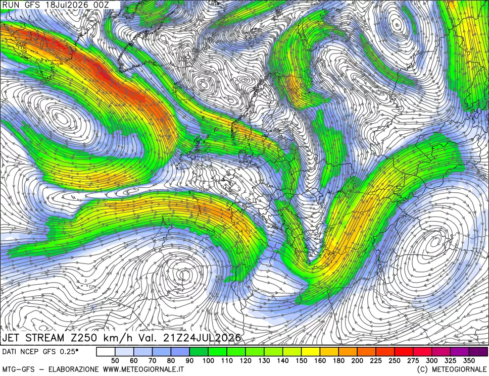 mappa 250 hPa Jet stream
