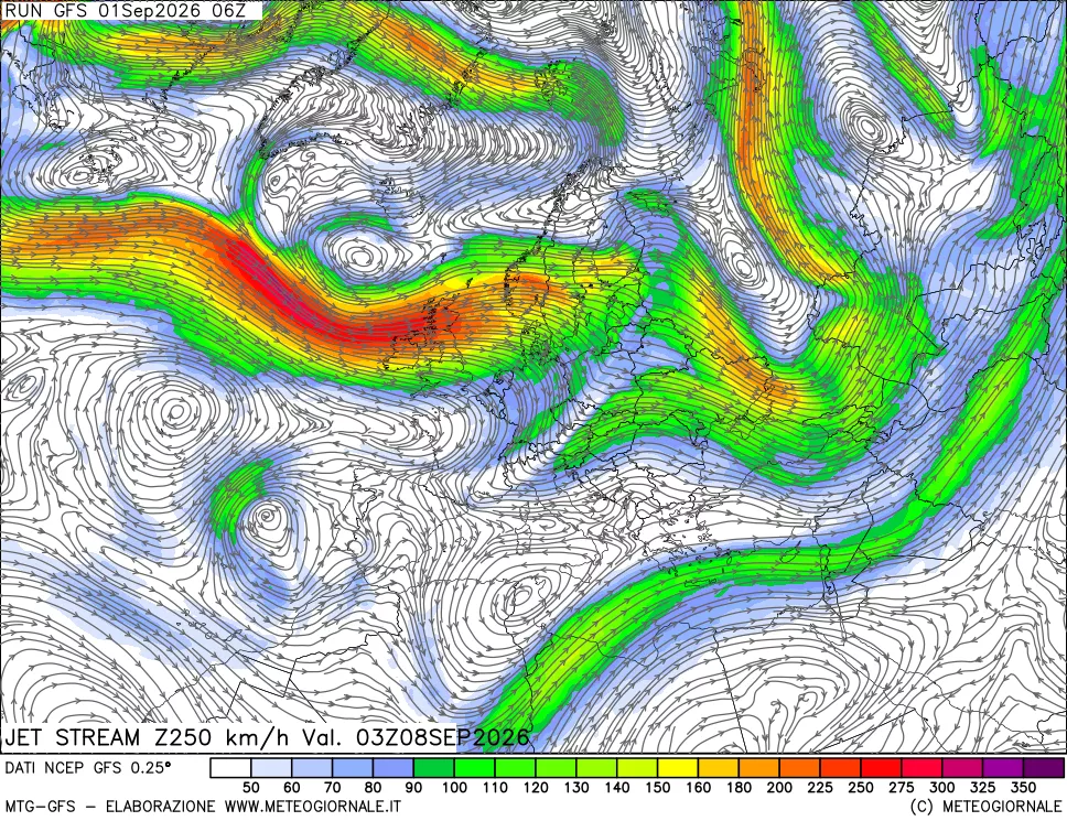mappa 250 hPa Jet stream