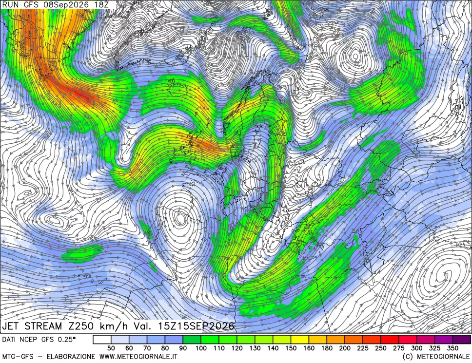 mappa 250 hPa Jet stream
