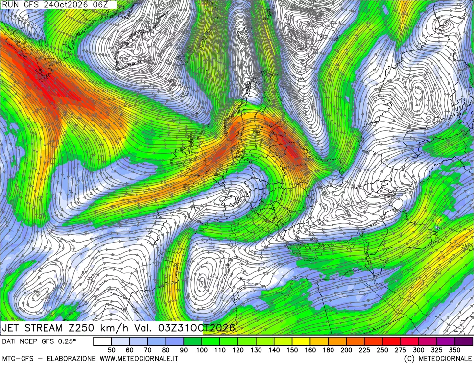 mappa 250 hPa Jet stream