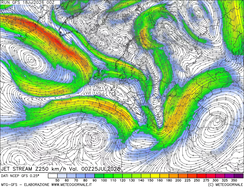 mappa 250 hPa Jet stream