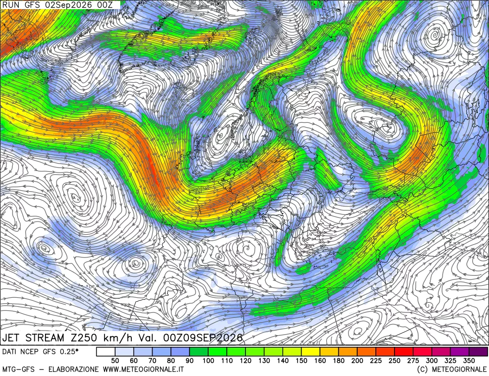 mappa 250 hPa Jet stream