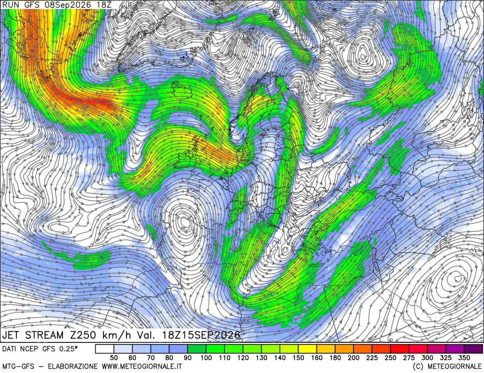 mappa 250 hPa Jet stream