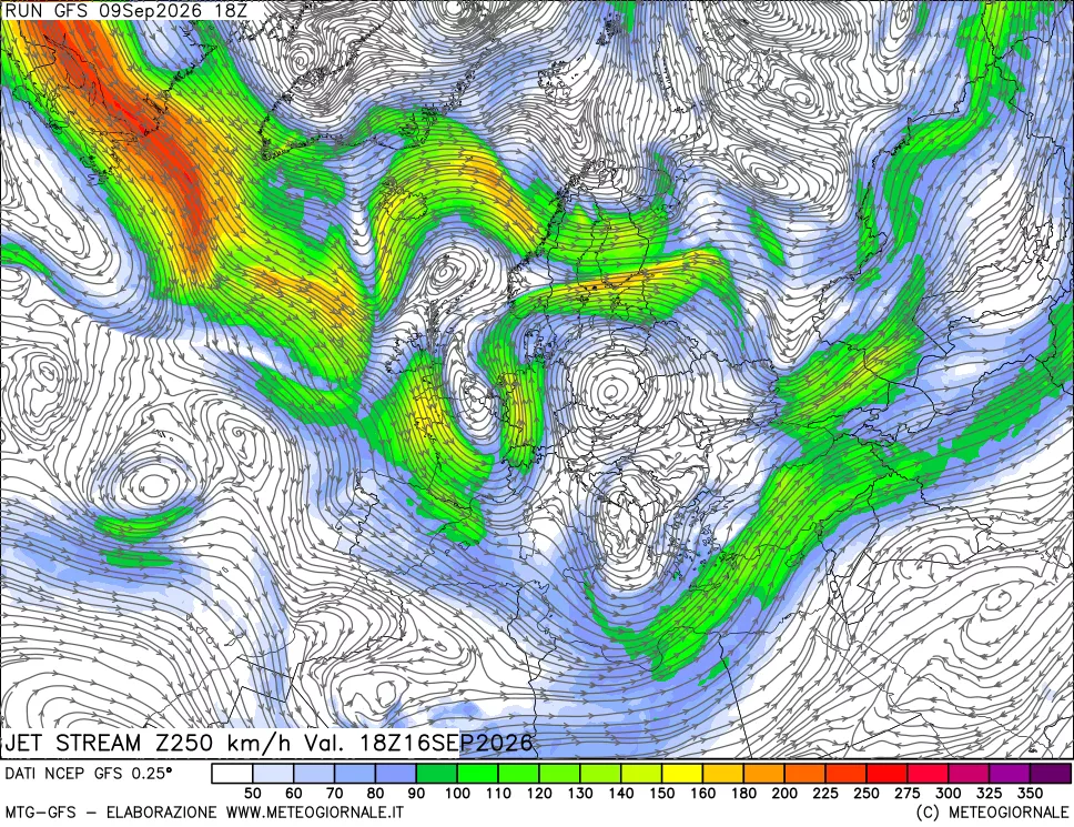 mappa 250 hPa Jet stream