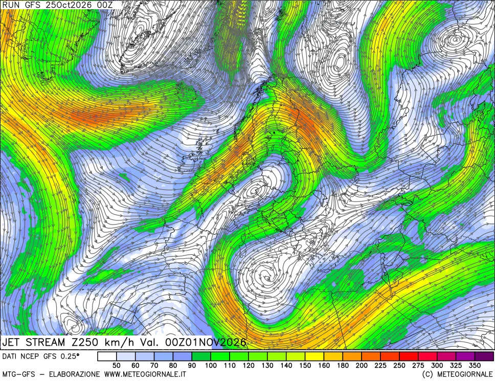 mappa 250 hPa Jet stream