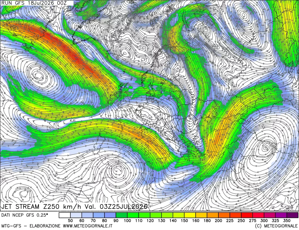 mappa 250 hPa Jet stream